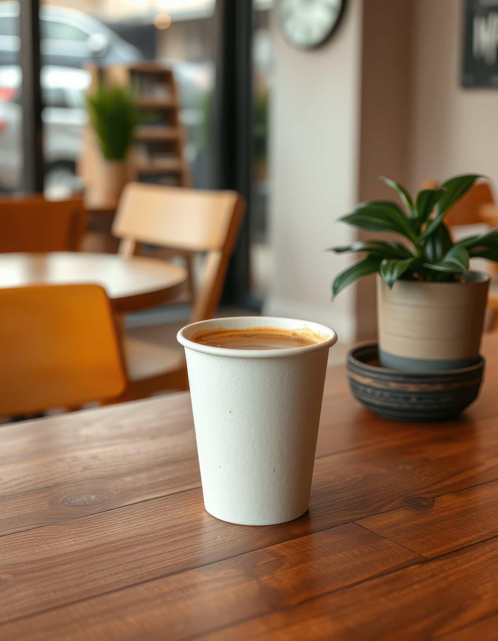 Coffee cup on wooden table with plants in a cozy cafe setting during the daytime